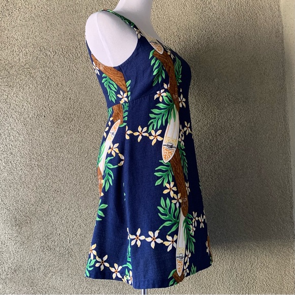 🌺 “Blue Planet” Navy Hawaiian Barkcloth Mini-Dress Surfboards size XS - Picture 5 of 11